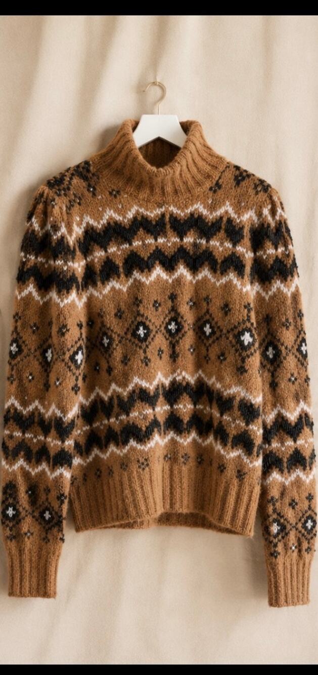 Veronica Beard Fair Isle Turtleneck Sweater Camel Black Beaded Wool Blend Size L